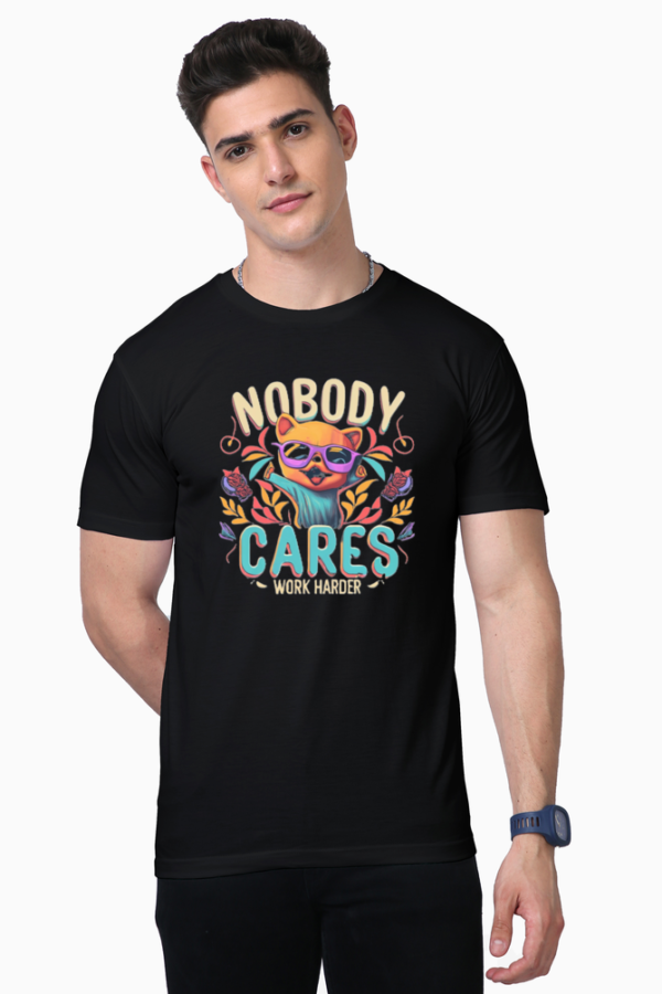 "Empower your journey with our motivational T-shirt: 'Nobody cares, Work Harder.' A daily reminder to stay focused and hustle relentlessly. Elevate your style and mindset. Order now!"