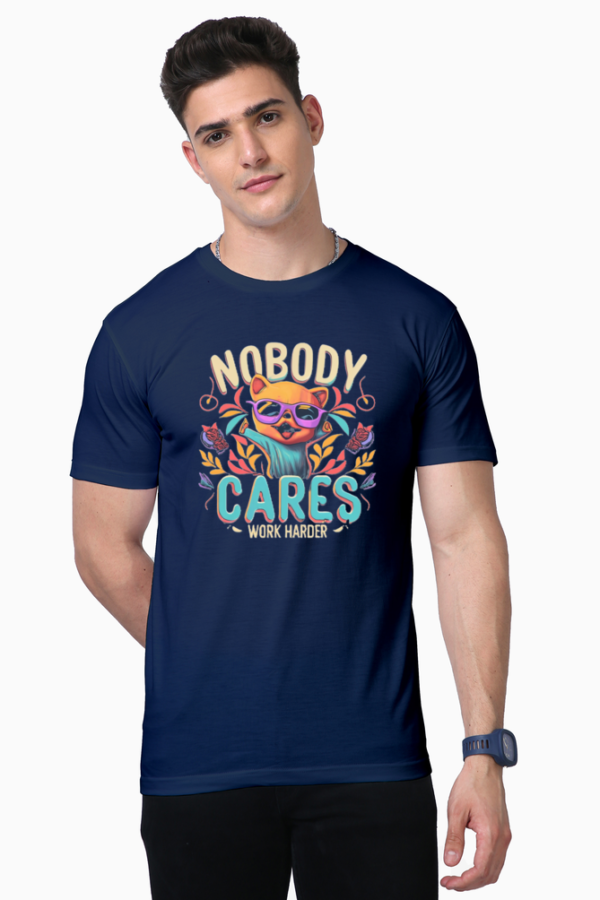 "Empower your journey with our motivational T-shirt: 'Nobody cares, Work Harder.' A daily reminder to stay focused and hustle relentlessly. Elevate your style and mindset. Order now!"