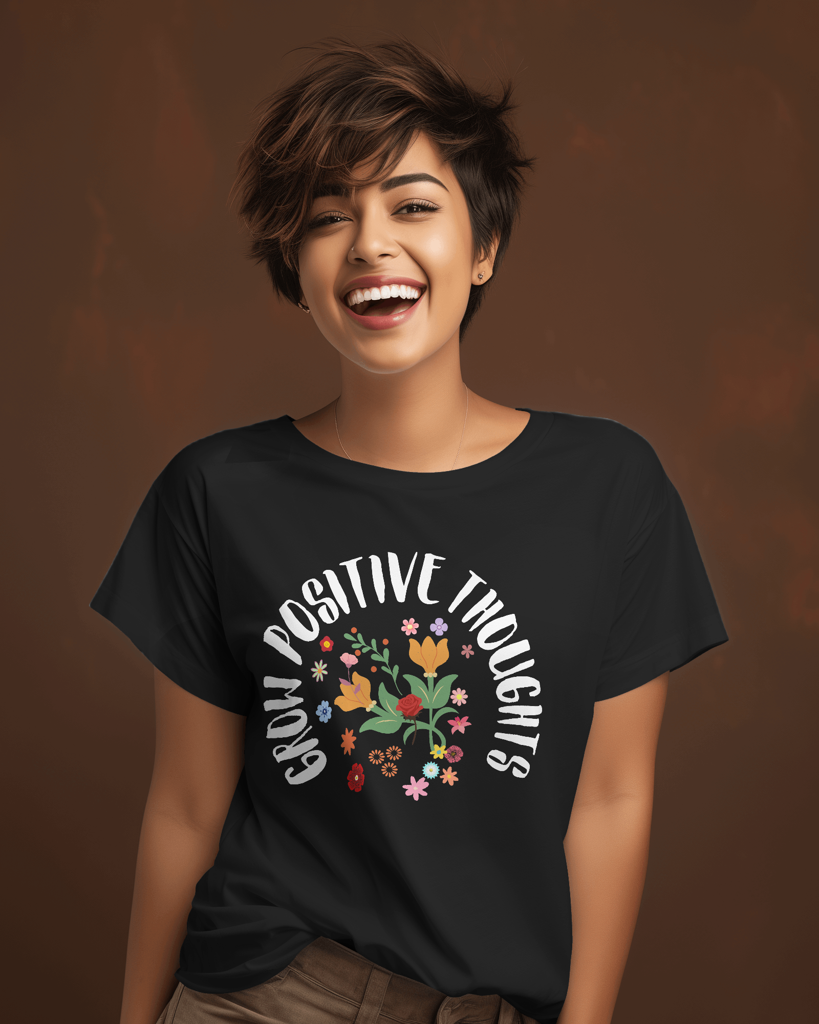 10 Cotton tshirt women- "Grow Positive thoughts" Teetrendo.com, Men's T-shirts, Women's Graphic Tees, Retro Graphic Tees, Graphic Tee, Custom T-shirt, Printed Apparel, Unique T-shirt Designs, Casual Wear, Cotton T-shirts, Pop Culture Shirts, Vintage T-shirt