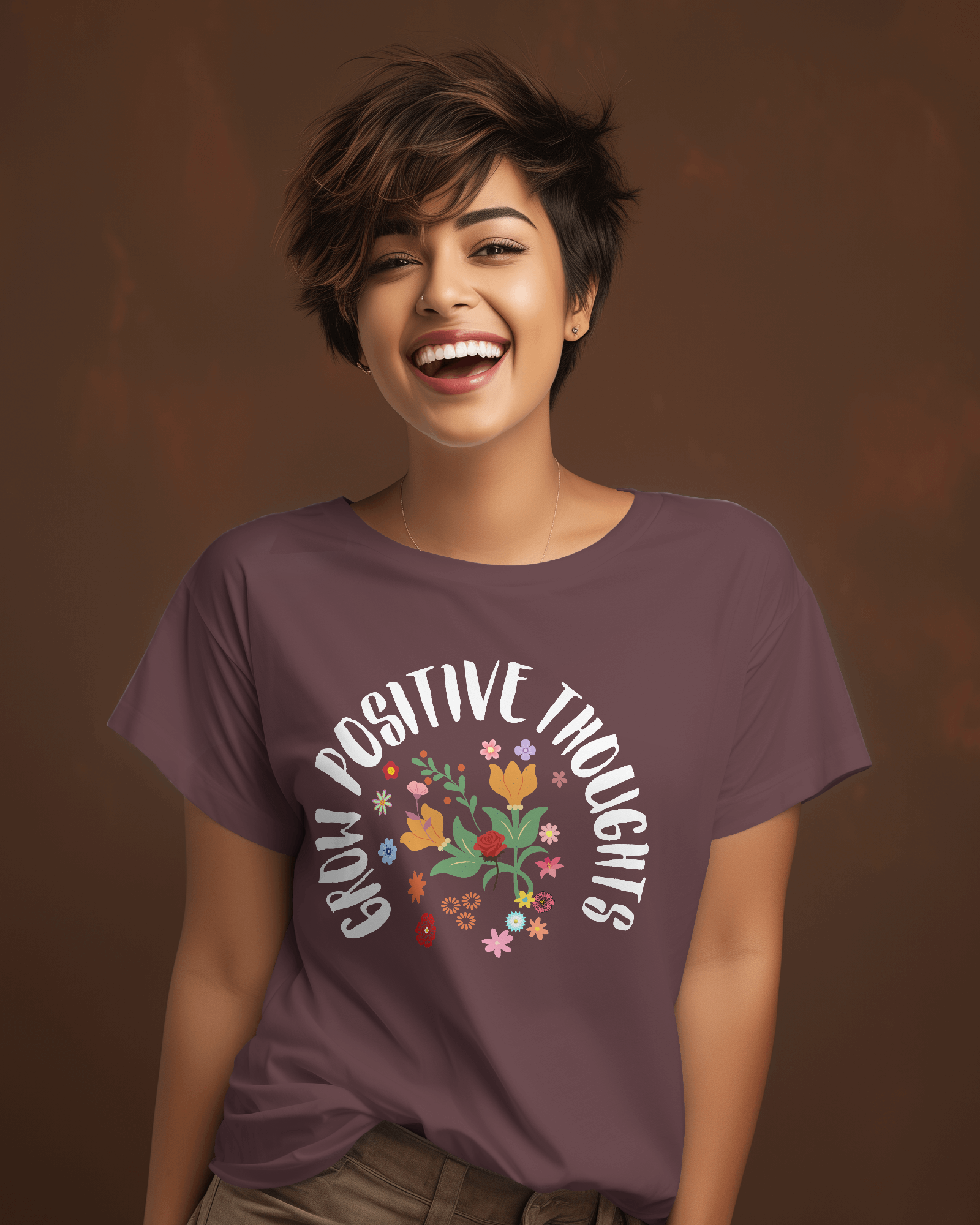 12 Cotton tshirt women- "Grow Positive thoughts" Teetrendo.com, Men's T-shirts, Women's Graphic Tees, Retro Graphic Tees, Graphic Tee, Custom T-shirt, Printed Apparel, Unique T-shirt Designs, Casual Wear, Cotton T-shirts, Pop Culture Shirts, Vintage T-shirt