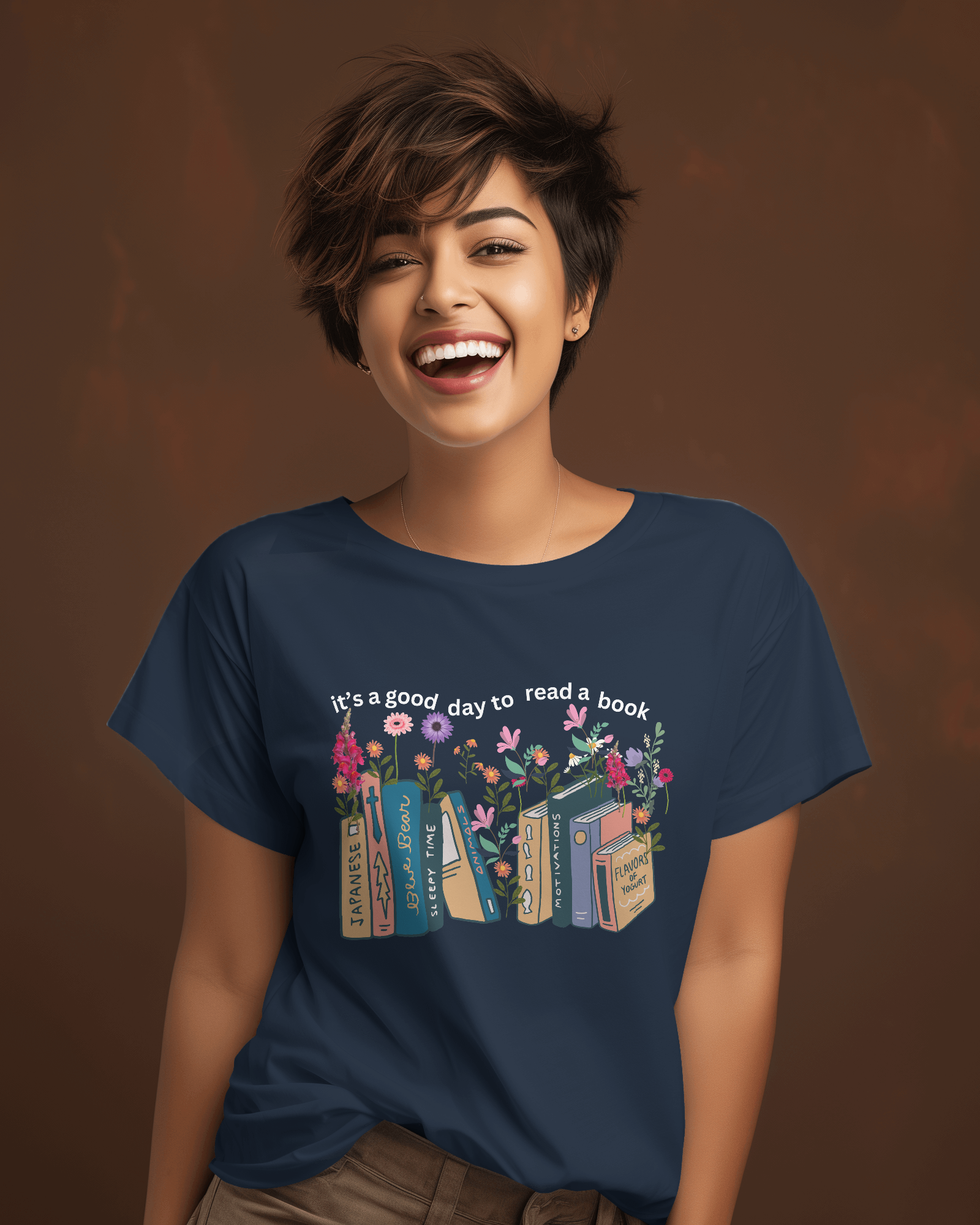 indian-female-model-with-short-hair-wearing-white-tshirt-00189 (5) Cotton shirt women- It's A Good Day To Read A Book" Teetrendo.com, Men's T-shirts, Women's Graphic Tees, Retro Graphic Tees, Graphic Tee, Custom T-shirt, Printed Apparel, Unique T-shirt Designs, Casual Wear, Cotton T-shirts, Pop Culture Shirts, Vintage T-shirt