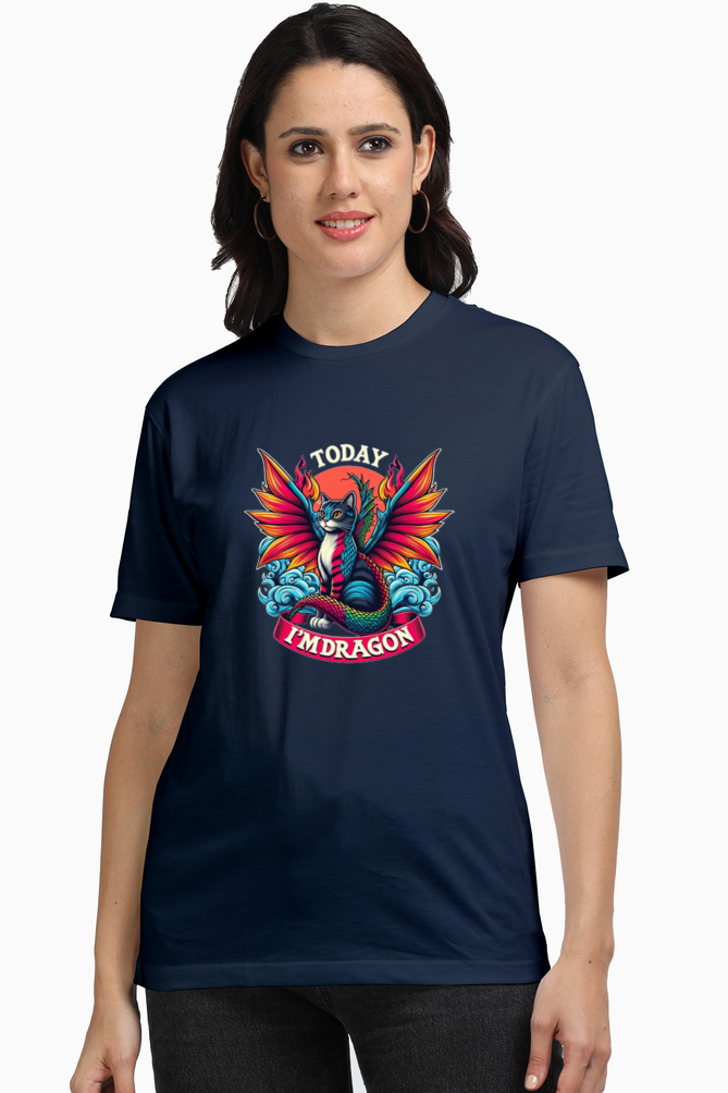 Navy Blue Women Cotton Tshirt, Cat Design Today I am Dragon