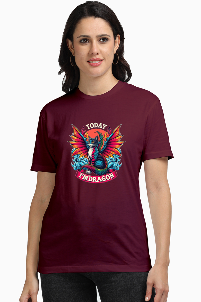 Maroon Women Cotton Tshirt, Cat Design Today I am Dragon