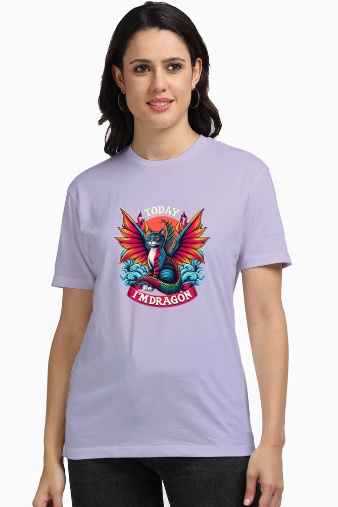 Lavender Women Cotton Tshirt, Cat Design Today I am Dragon