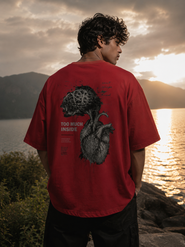 1A Oversized streetwear T-shirt featuring Too Much Inside Emotional Graphic Tee India typography on the front and artistic heart graphic print on the back, photographed in a scenic sunset outdoor location.