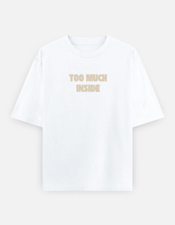1f Oversized streetwear T-shirt featuring Too Much Inside Emotional Graphic Tee India typography on the front and artistic heart graphic print on the back, photographed in a scenic sunset outdoor location.