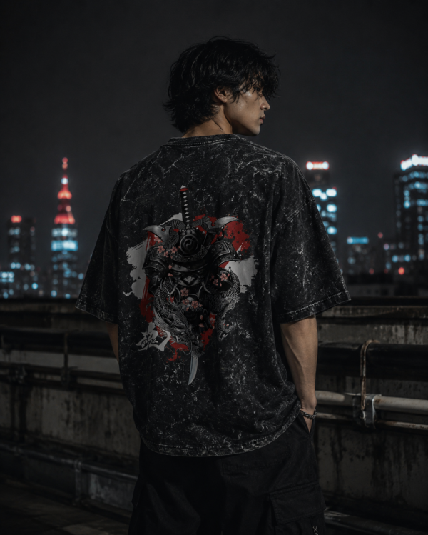2 Anime samurai oversized acid wash t-shirt for men featuring Japanese warrior artwork