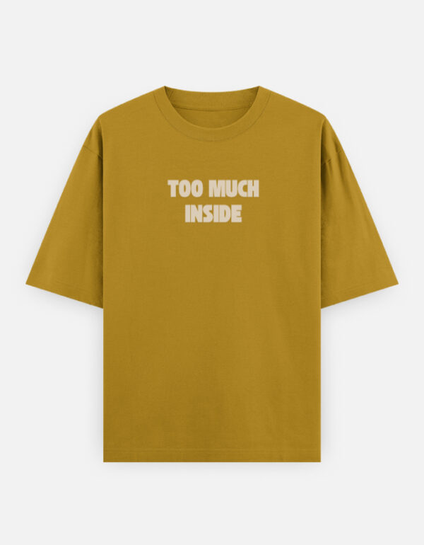 5f Oversized streetwear T-shirt featuring Too Much Inside Emotional Graphic Tee India typography on the front and artistic heart graphic print on the back, photographed in a scenic sunset outdoor location.