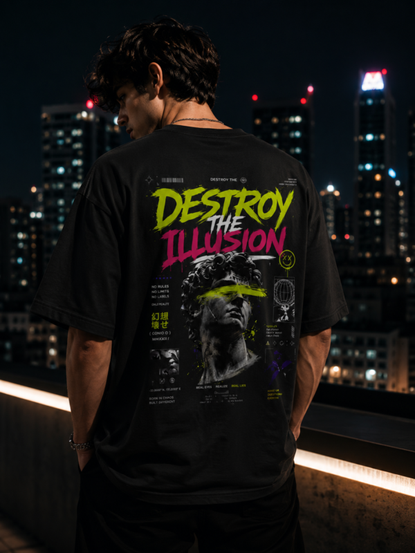 ChatGPT Image Jun 8, 2026, 06_40_14 PM Destroy The Illusion T-shirt graphic T-shirt with bold neon back print streetwear design for men and women in India.