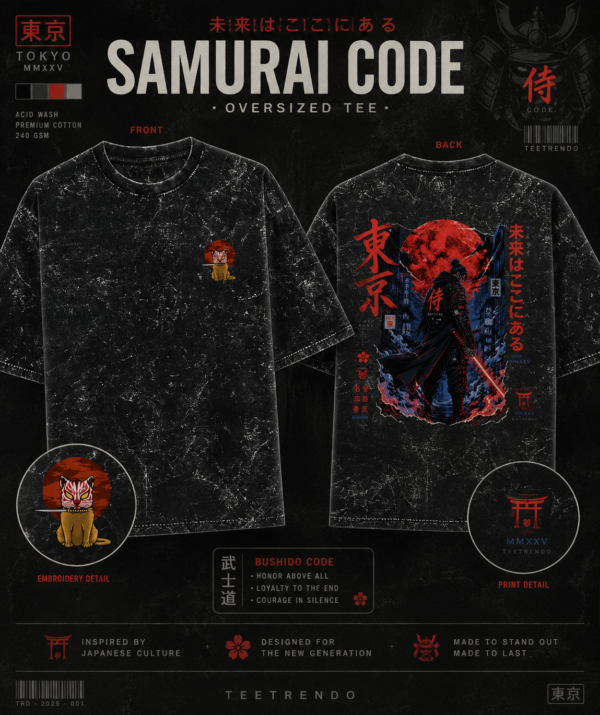 Samurai Code oversized acid wash Japanese streetwear T-shirt for men